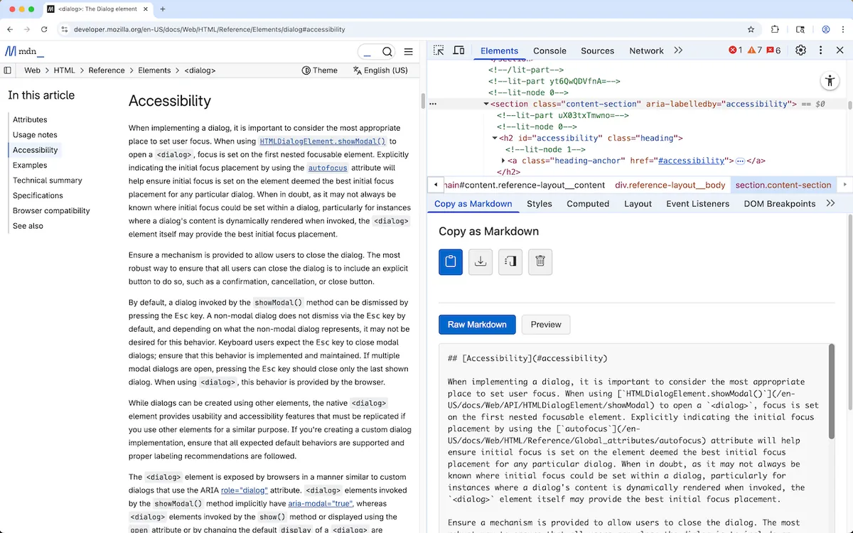 DevTools to Markdown extension copying DOM as Markdown in the Chrome DevTools panel