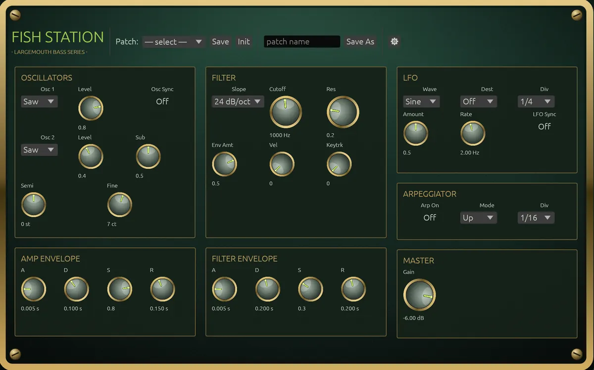 Fish Station synth interface — oscillator, filter, envelope, LFO and arpeggiator panels
